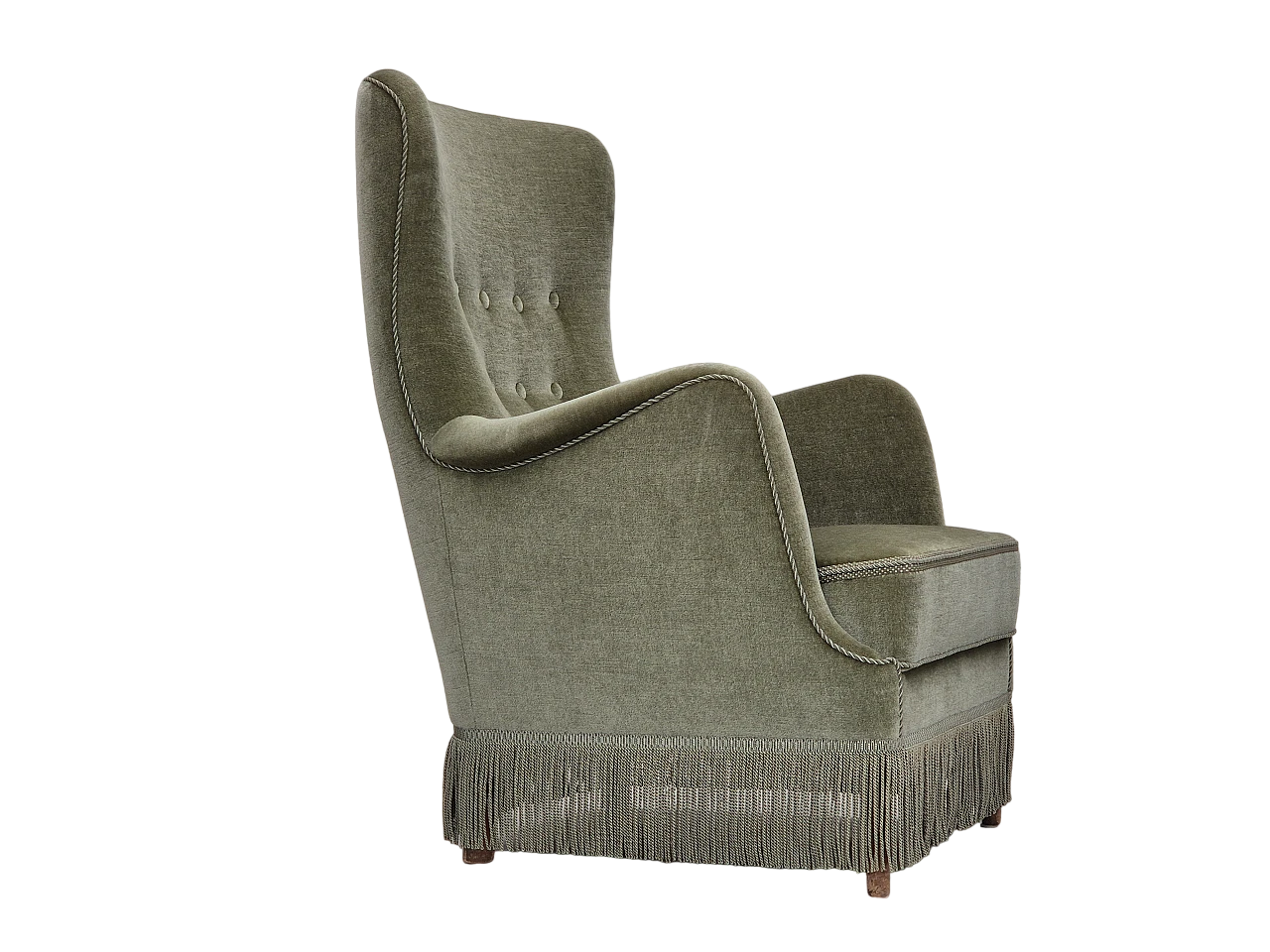 Danish fringed armchair in green velour and beech wood, 1970s 16