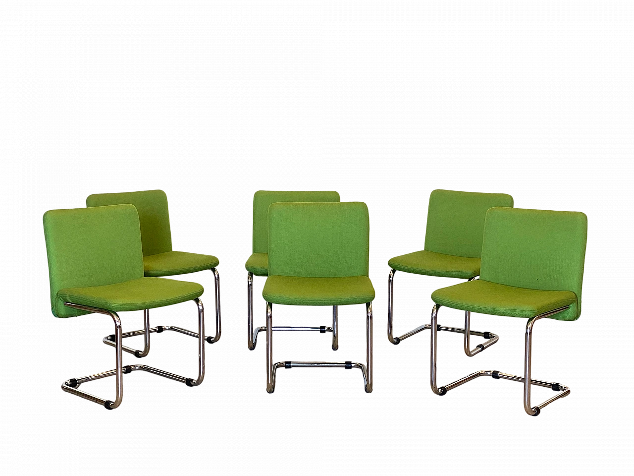 6 Chairs in chromed steel and green fabric, 1970s 13