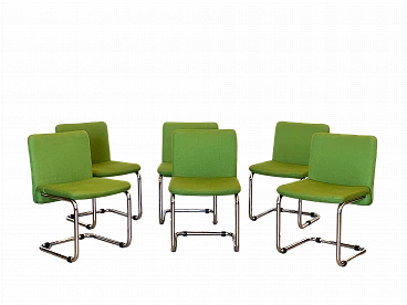 6 Chairs in chromed steel and green fabric, 1970s