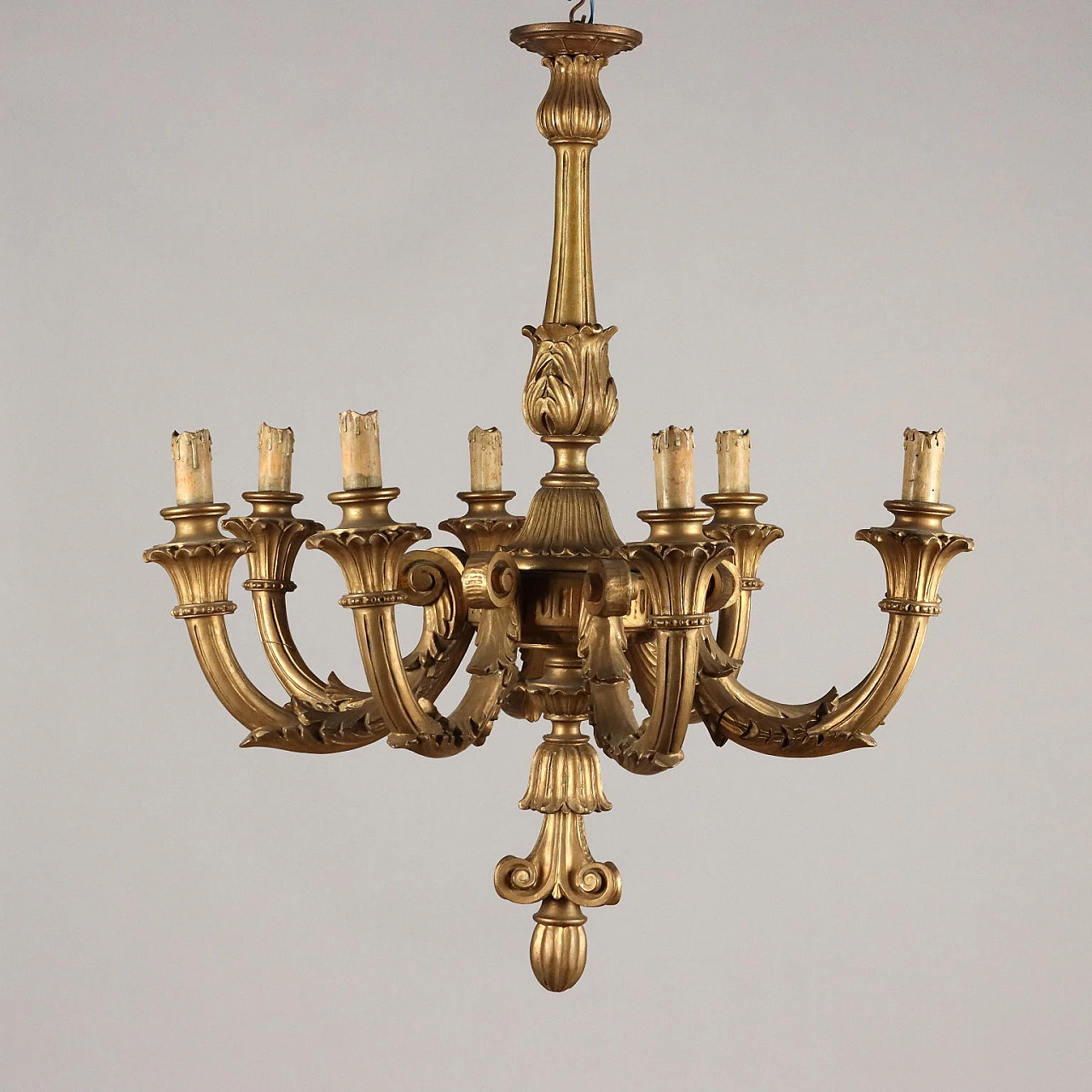 Neoclassical style eight-light carved and gilded wood chandelier 1