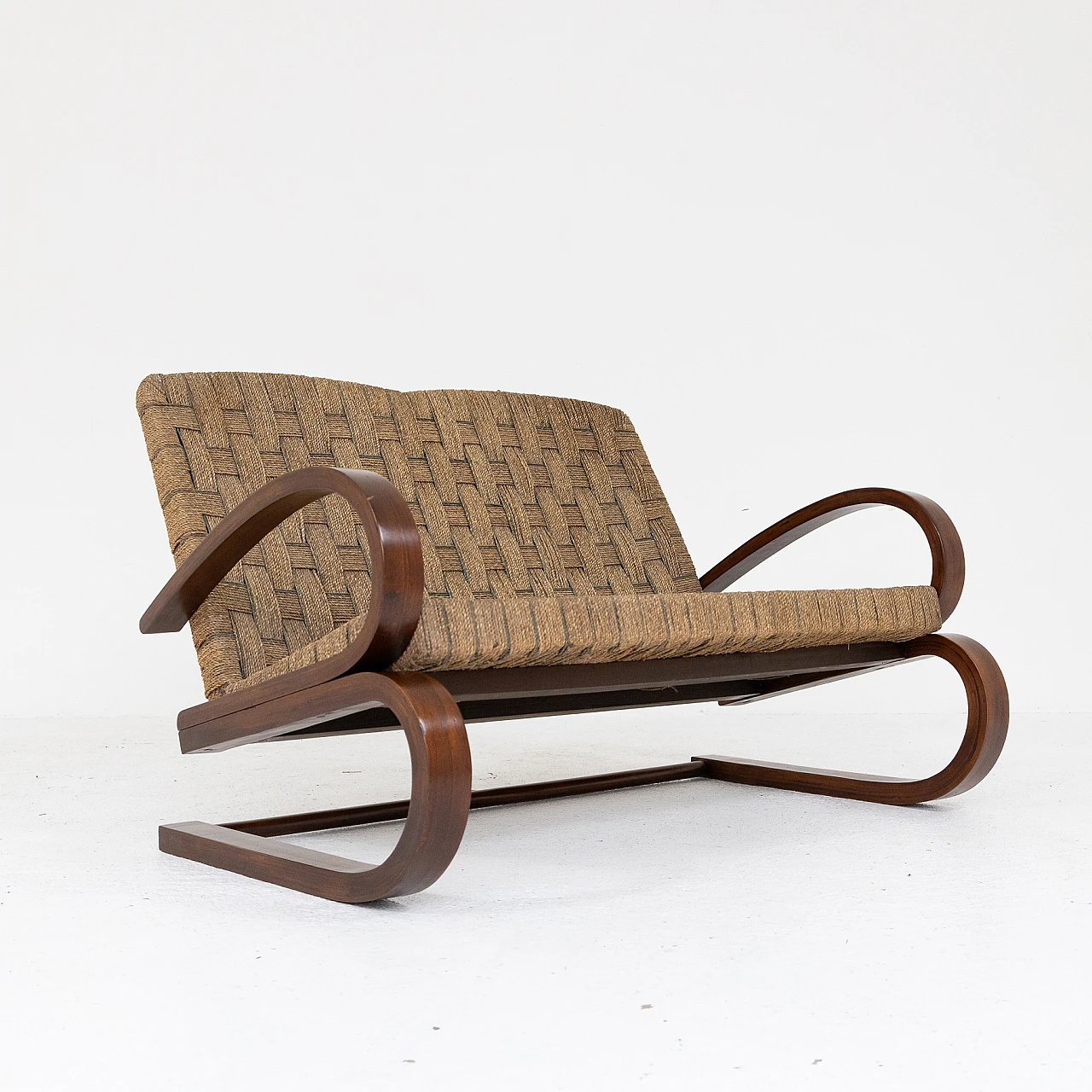Bent beech and straw two-seater sofa, 1950s 5