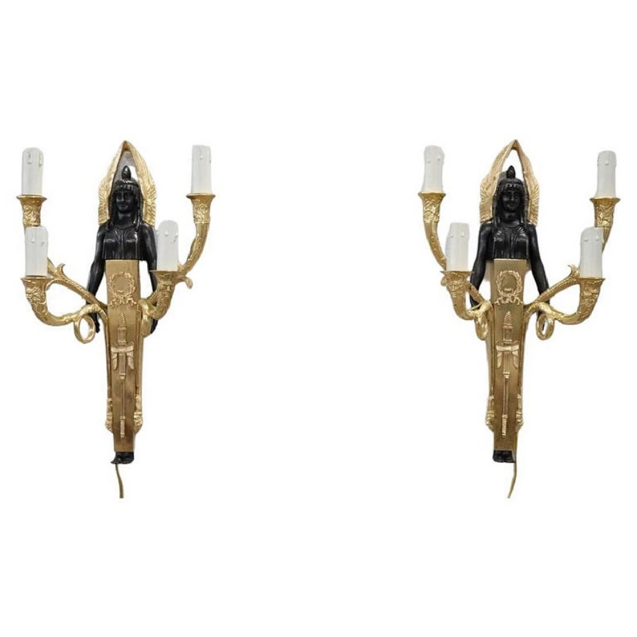 Pair of wall lights with winged caryatid in gilded & patinated bronze 1