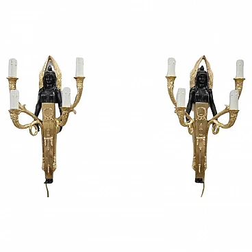 Pair of wall lights with winged caryatid in gilded & patinated bronze