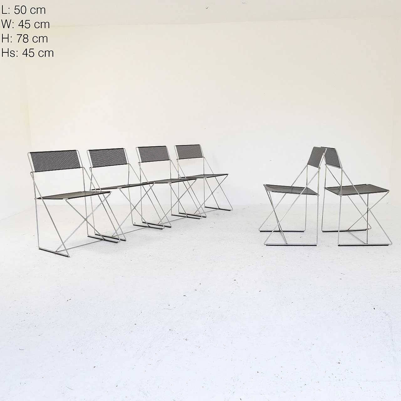 6 Stackable chairs in chromed and black varnished metal, 1980s 4