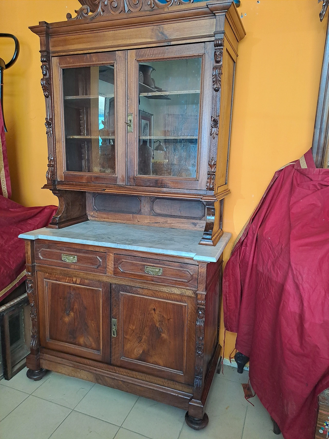 Carved walnut sideboard with Carrara marble top, 19th century 1