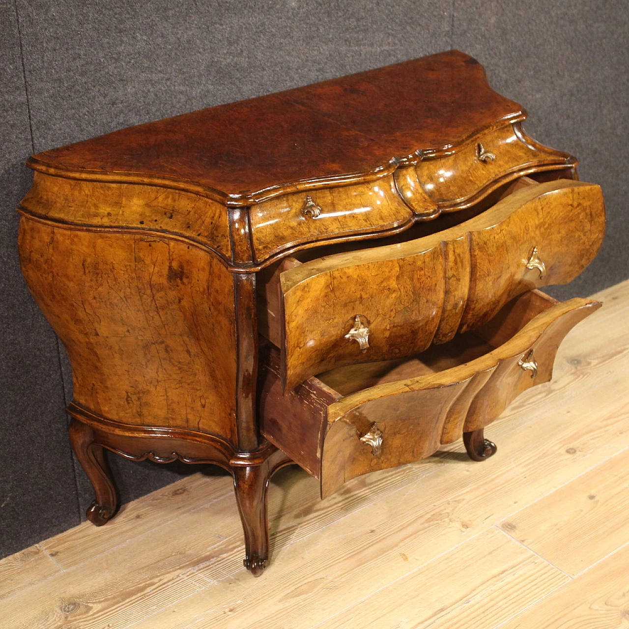 Dresser in walnut, briar & beech wood with two drawers & curled feet 6