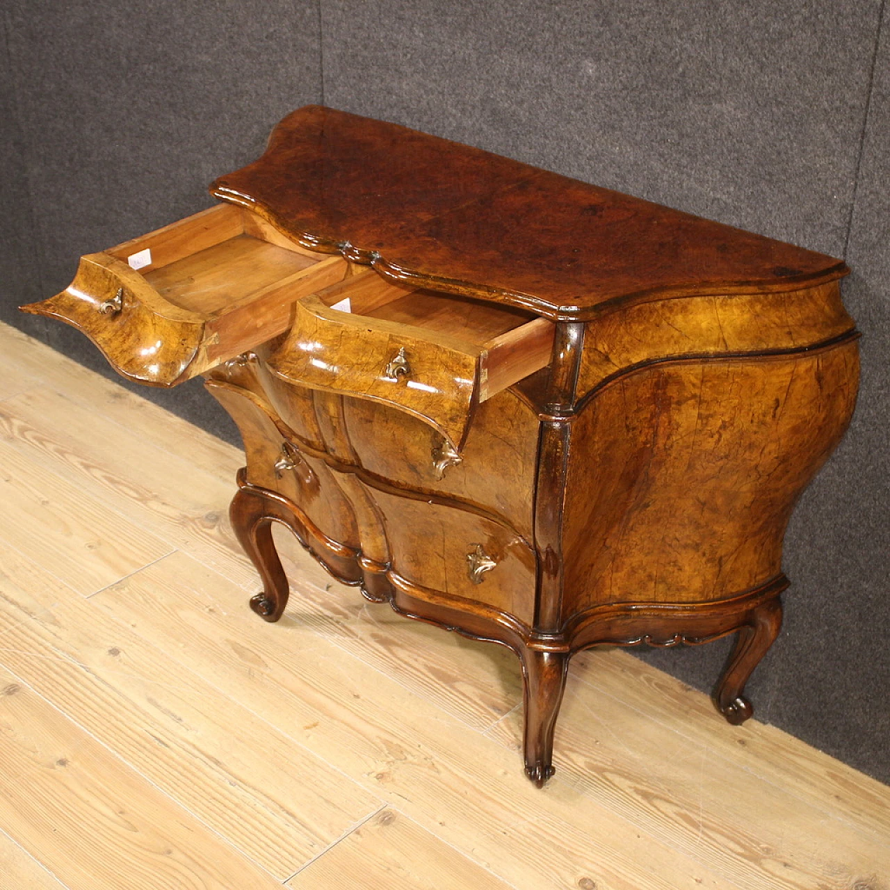 Dresser in walnut, briar & beech wood with two drawers & curled feet 7