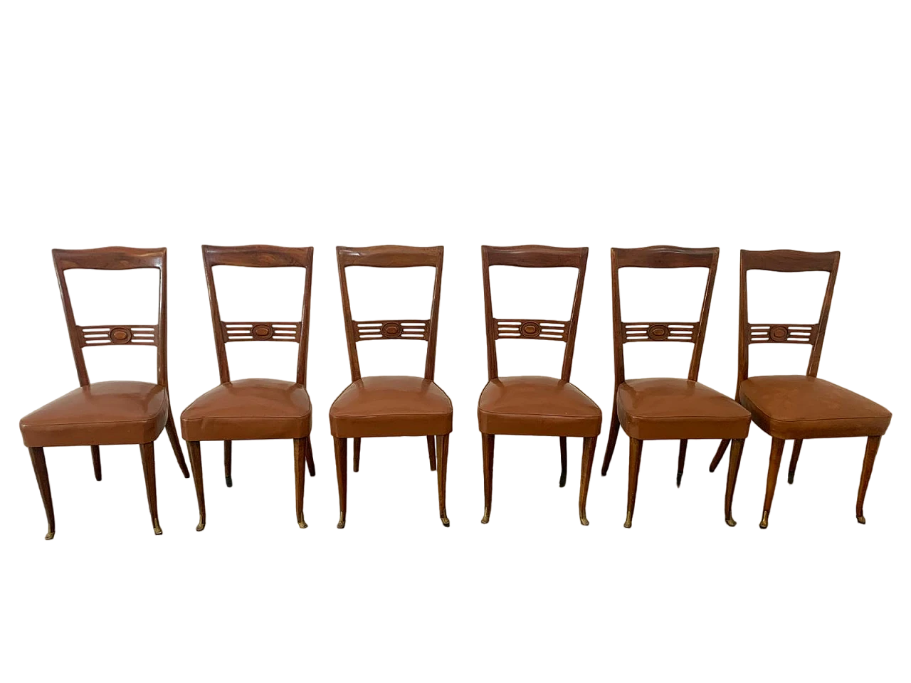 6 Chairs in rosewood with gold bronze tips & leatherette seat, 1950s 13