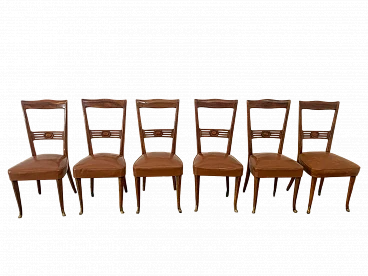 6 Chairs in rosewood with gold bronze tips & leatherette seat, 1950s