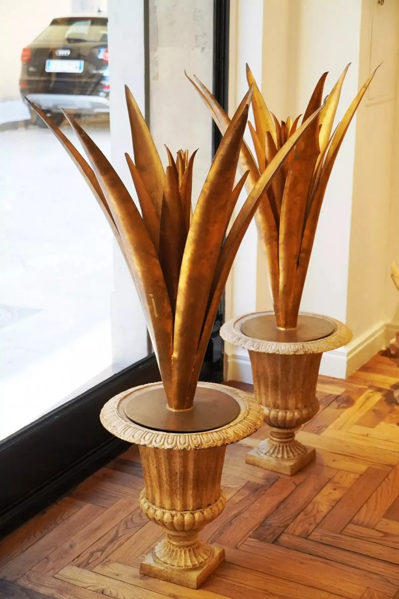 Pair of cast iron vases with agaves and gold leaf, 1930s 11