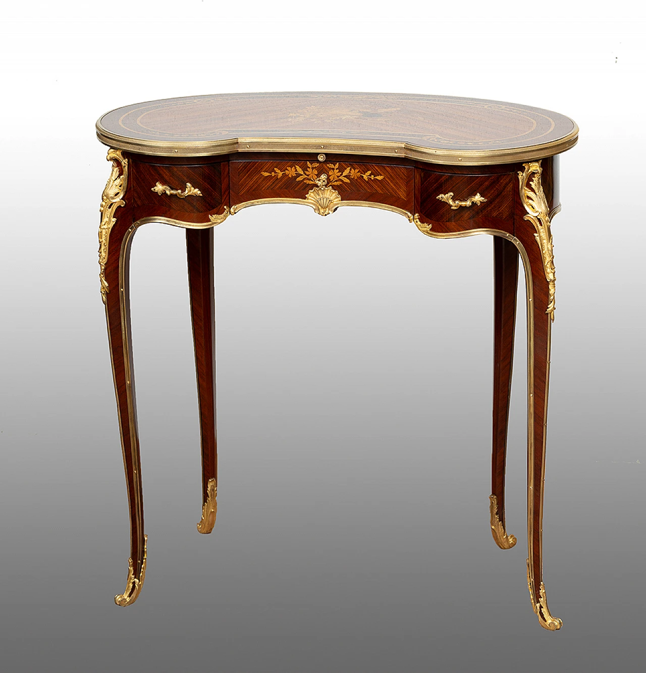 Exotic woods coffee table chiseled gilded bronze details, 19th century 1