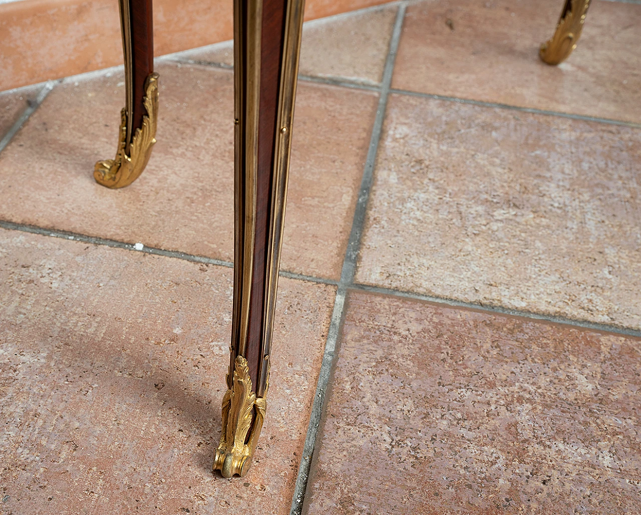 Exotic woods coffee table chiseled gilded bronze details, 19th century 4