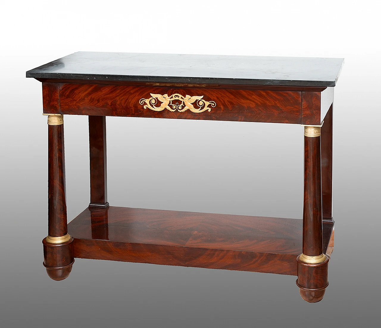 Console in mahogany feather with black marble top, 19th century 1