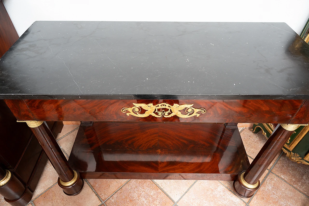 Console in mahogany feather with black marble top, 19th century 2