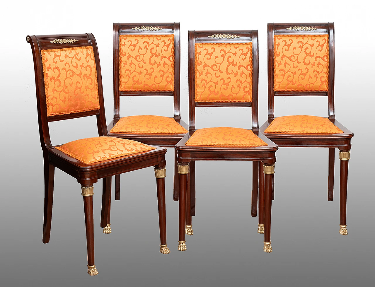 4 Chairs in mahogany with orange fabric & bronze details, 19th century 1