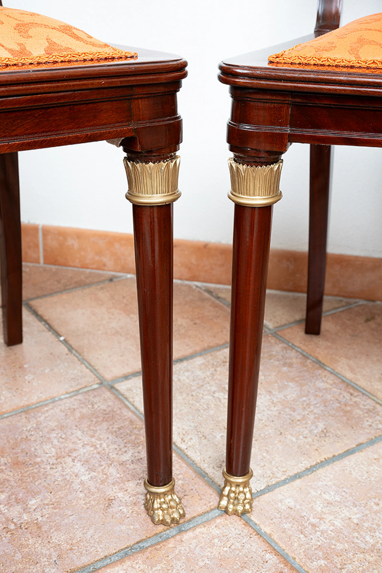 4 Chairs in mahogany with orange fabric & bronze details, 19th century 3