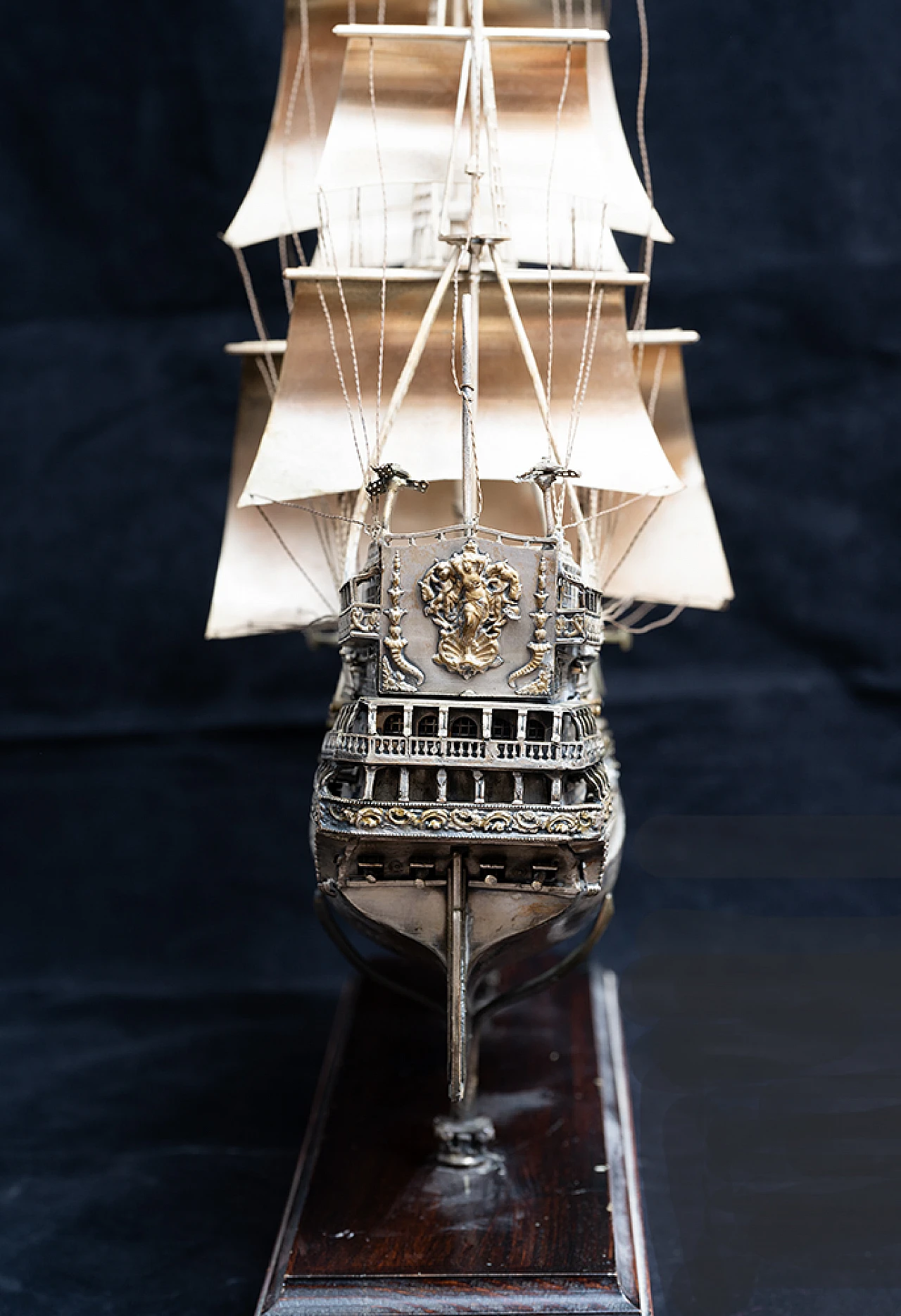 Sailing ship in chiselled silver with wooden base 4