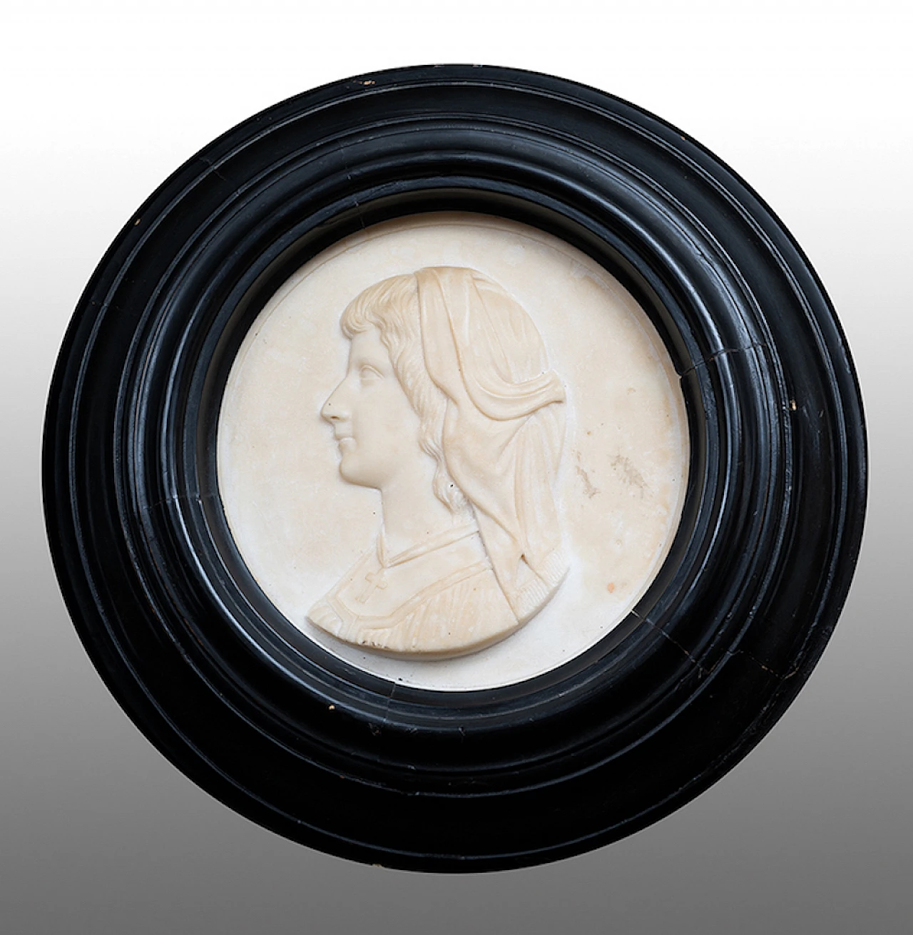 Woman's profile, white marble sculpture & wooden frame, 18th century 1