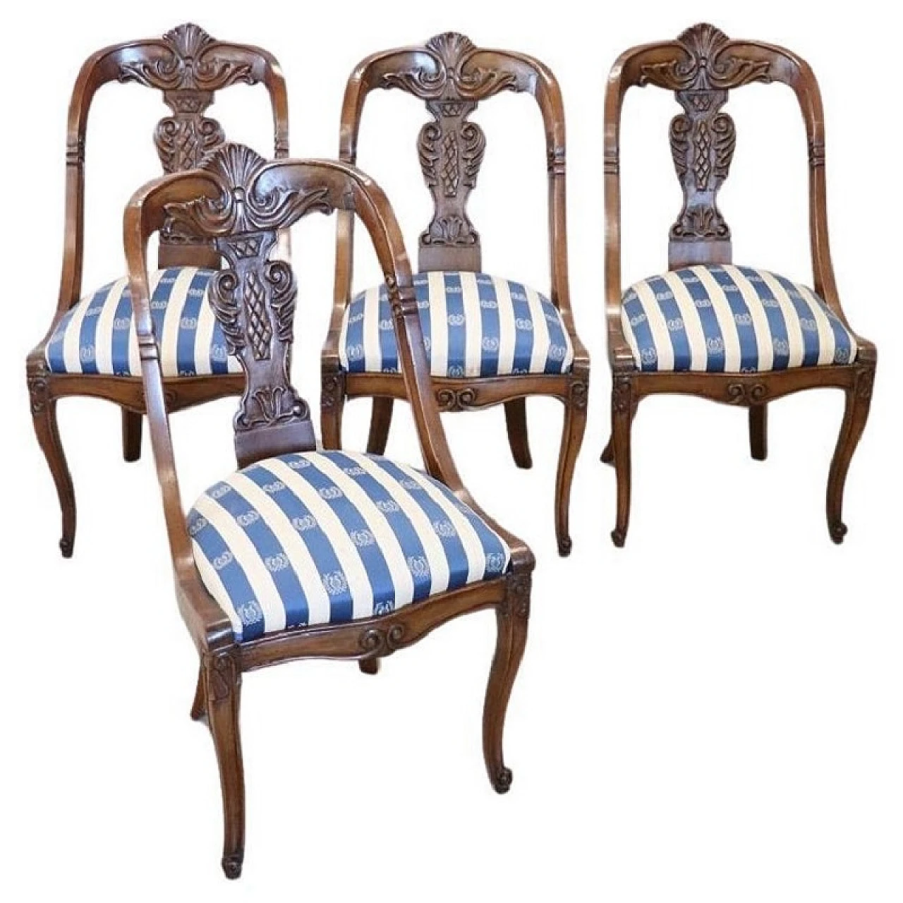 4 Chairs in solid walnut with striped fabric, 19th century 1