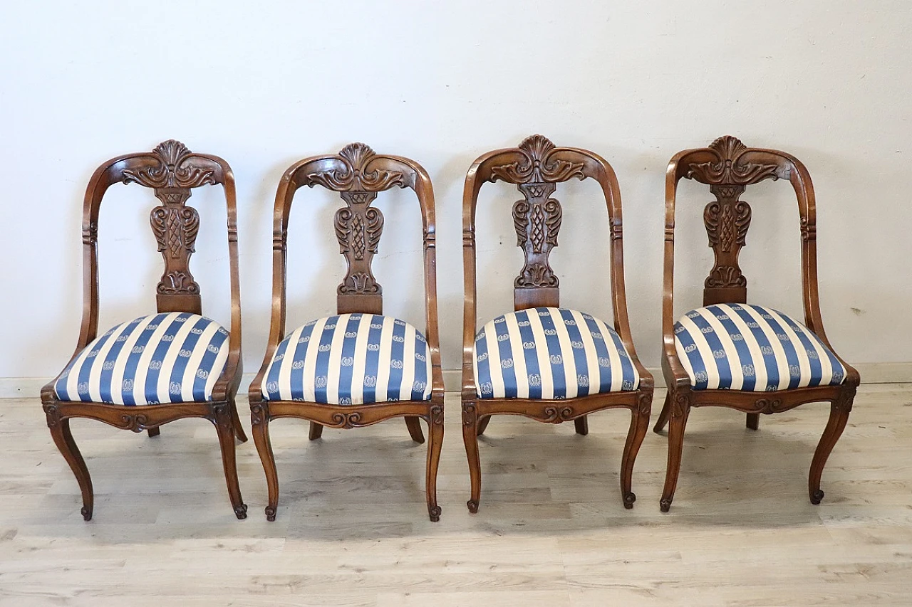 4 Chairs in solid walnut with striped fabric, 19th century 2