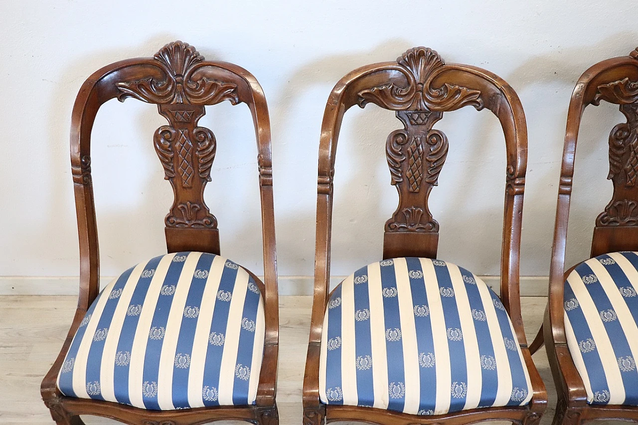 4 Chairs in solid walnut with striped fabric, 19th century 3