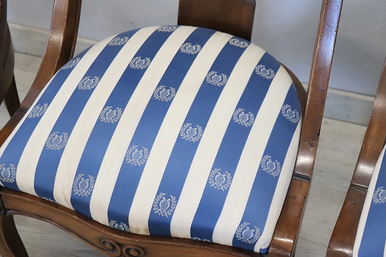 4 Chairs in solid walnut with striped fabric, 19th century 4