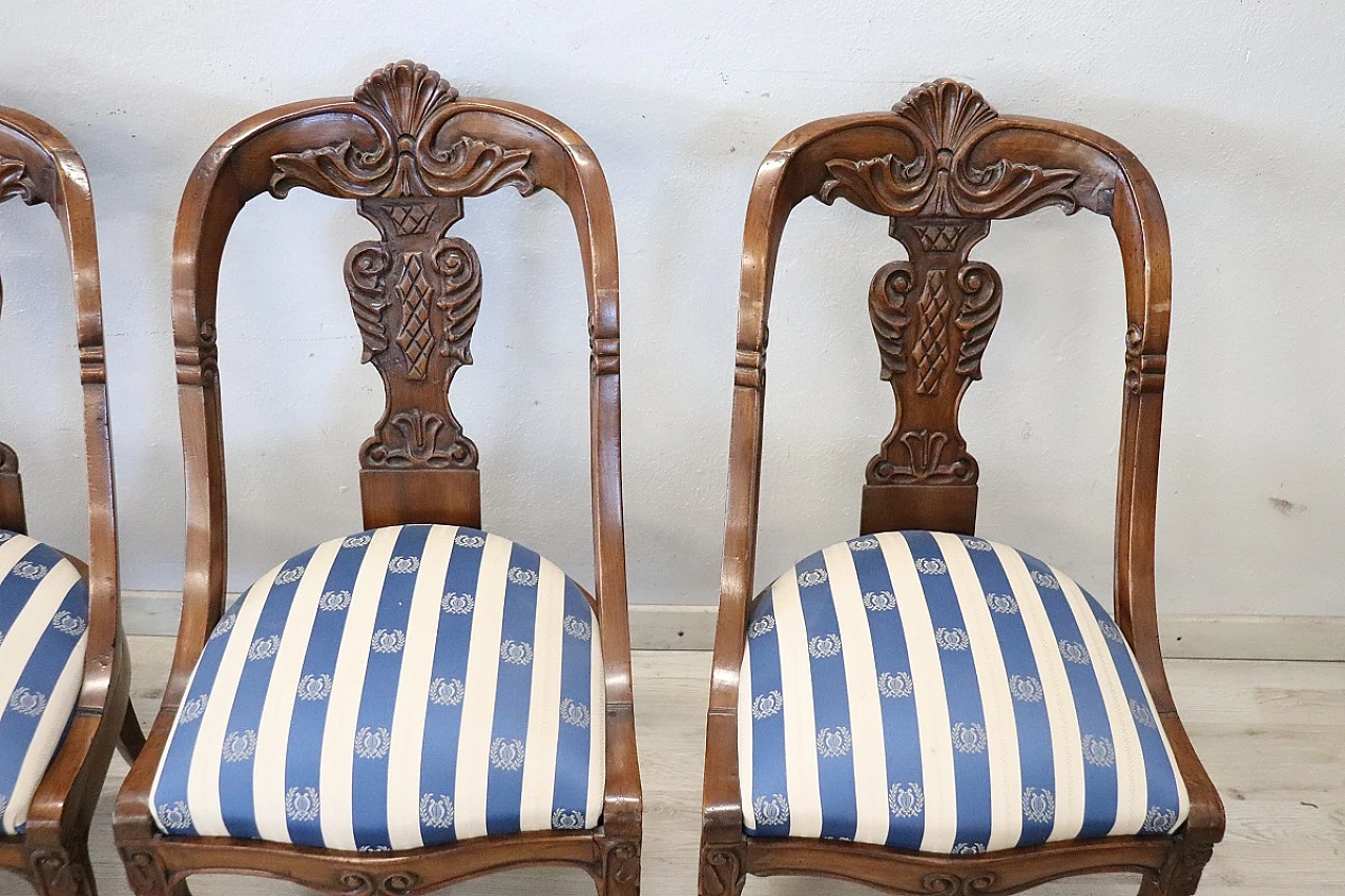 4 Chairs in solid walnut with striped fabric, 19th century 5