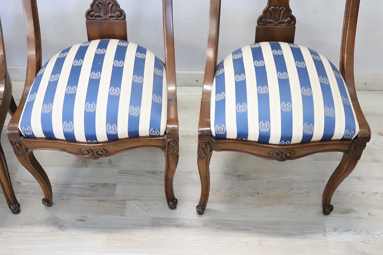 4 Chairs in solid walnut with striped fabric, 19th century 6