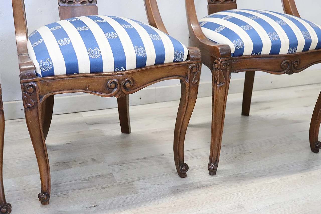 4 Chairs in solid walnut with striped fabric, 19th century 7