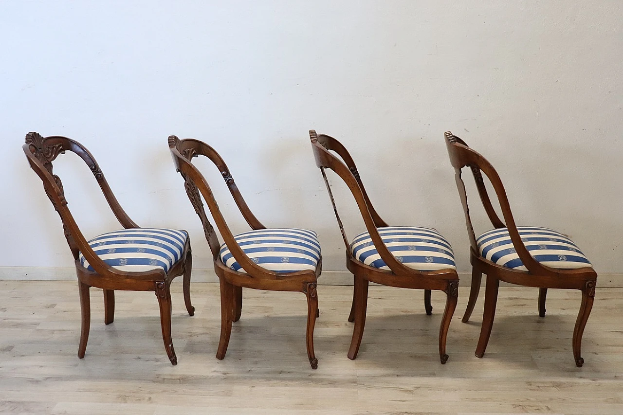 4 Chairs in solid walnut with striped fabric, 19th century 10