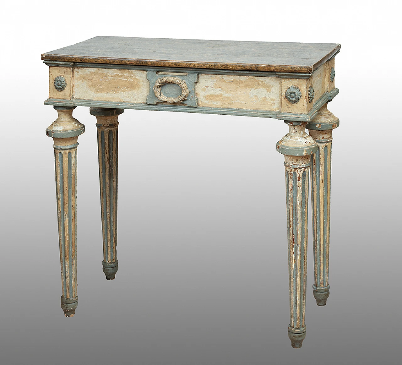 Console in lacquered wood with marbled top & grooved feet, 1