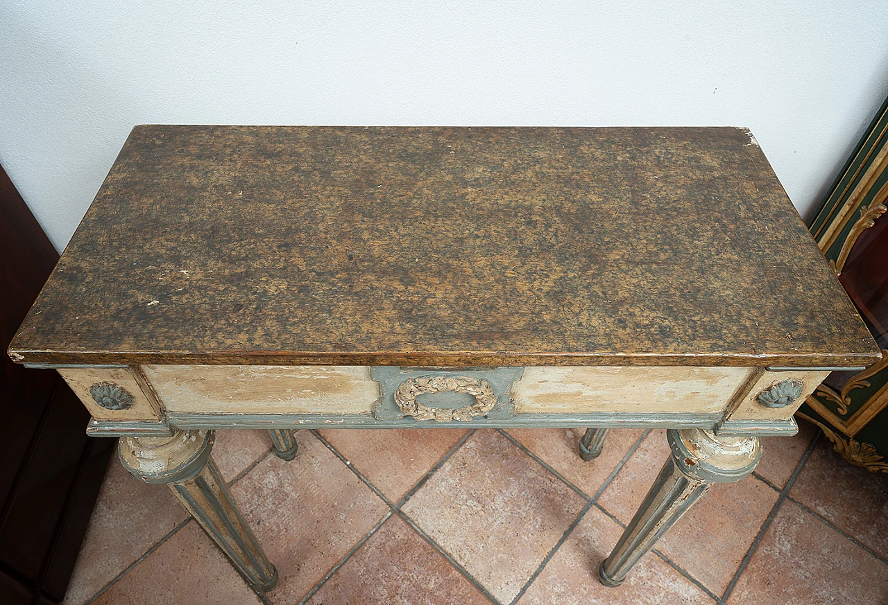 Console in lacquered wood with marbled top & grooved feet, 2