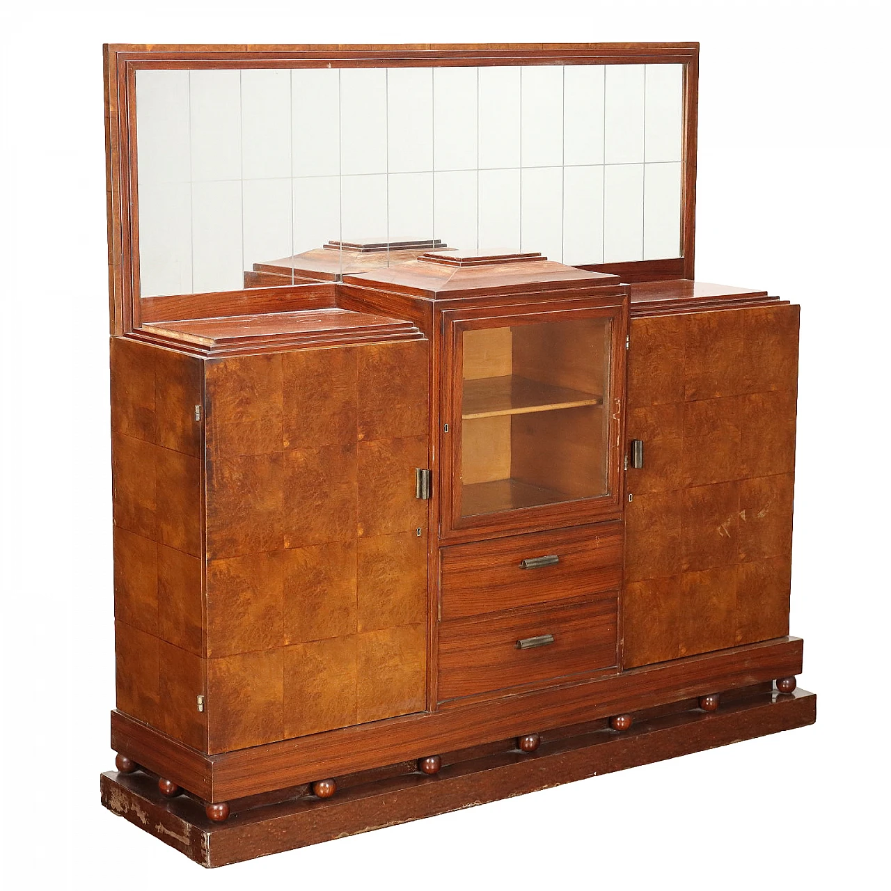 Walnut and burl veneer sideboard with mirror and hinged doors, 1920s 1