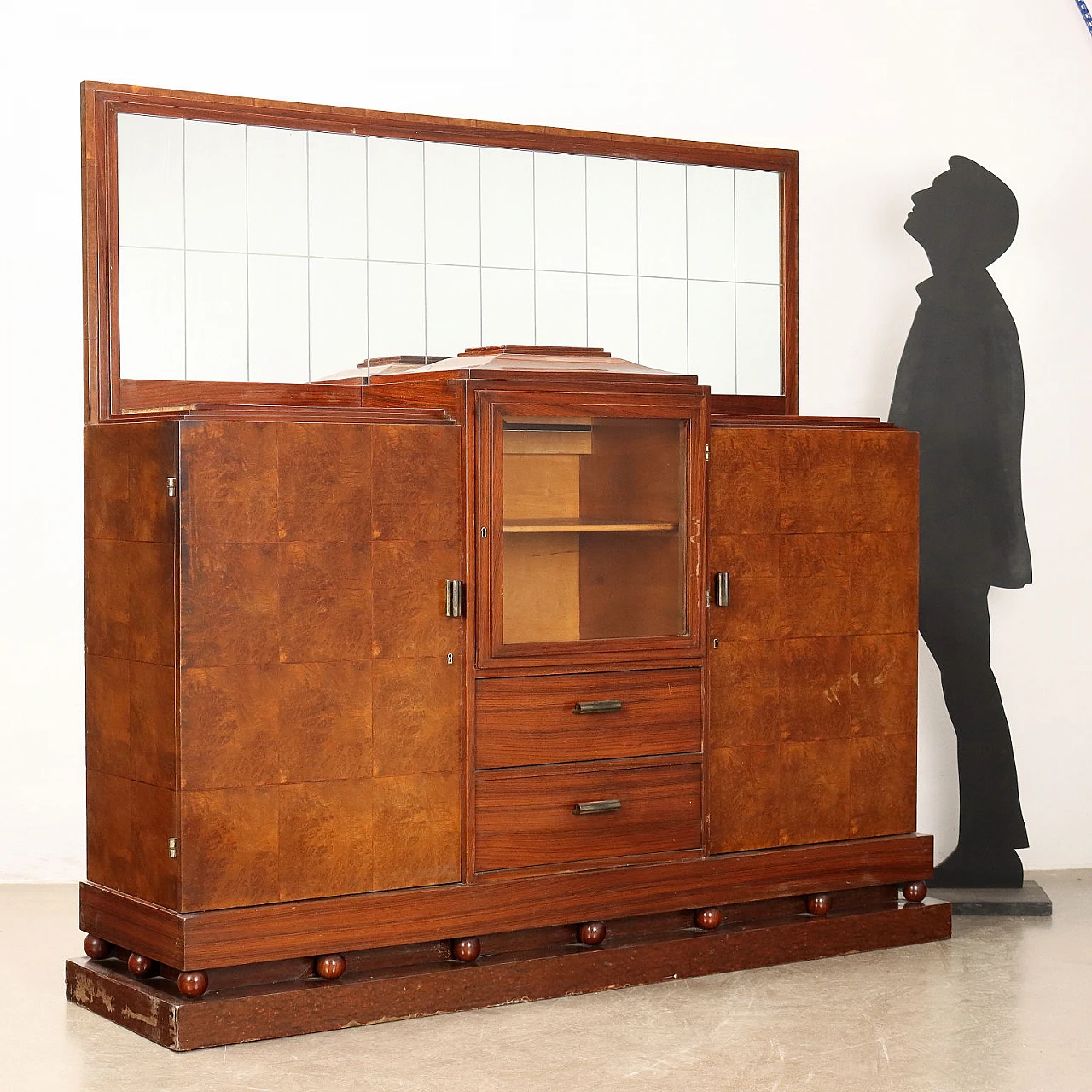 Walnut and burl veneer sideboard with mirror and hinged doors, 1920s 2