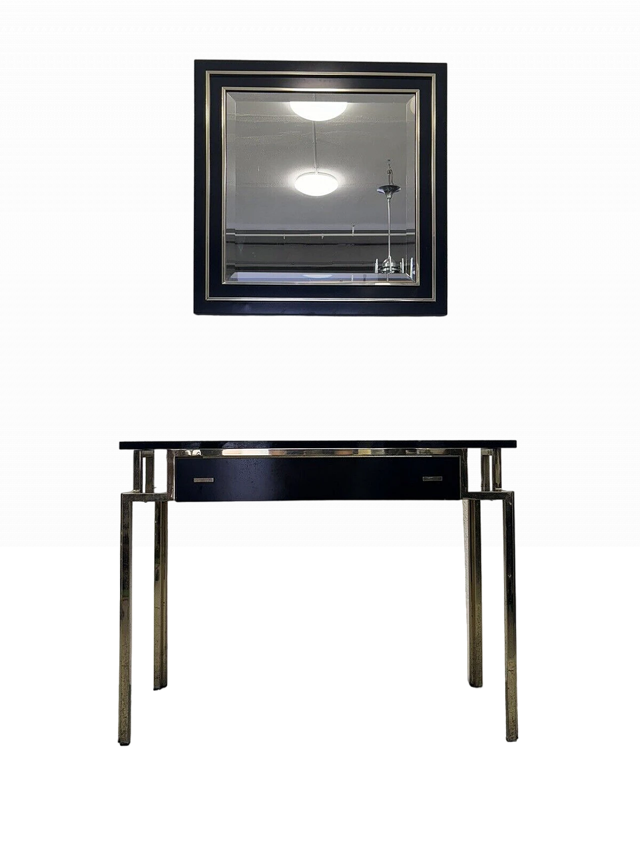 Gilded metal and black lacquered wood console and mirror, 1970s 2