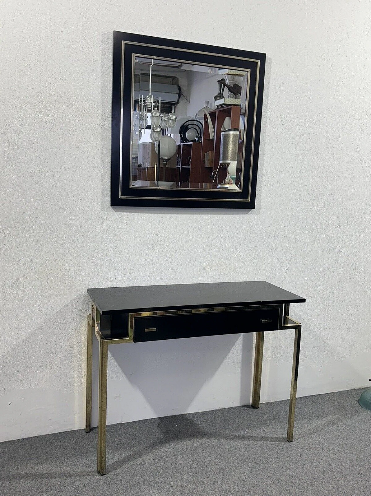 Gilded metal and black lacquered wood console and mirror, 1970s 3