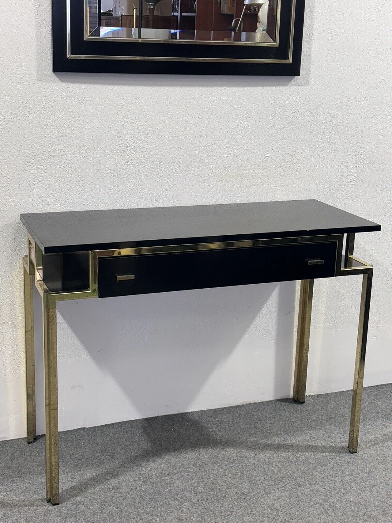 Gilded metal and black lacquered wood console and mirror, 1970s 4