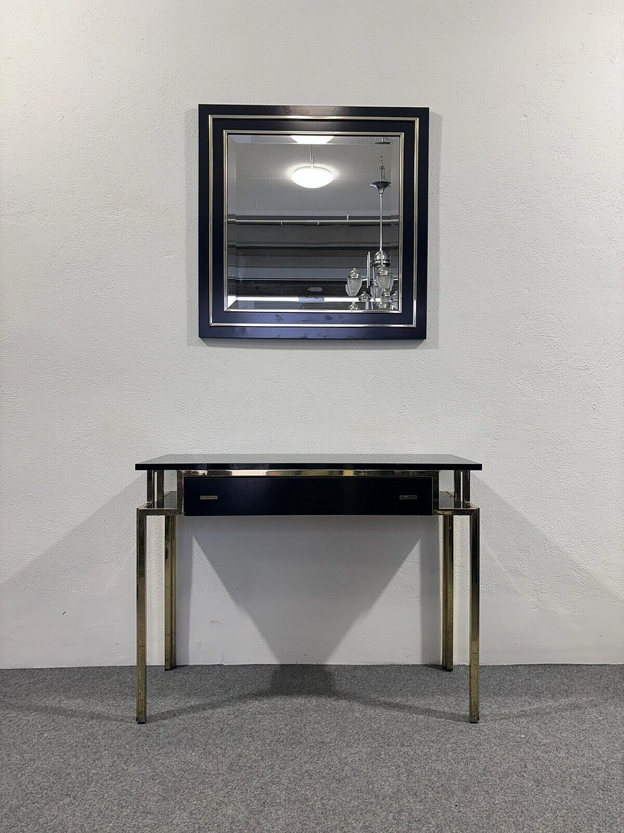 Gilded metal and black lacquered wood console and mirror, 1970s 9