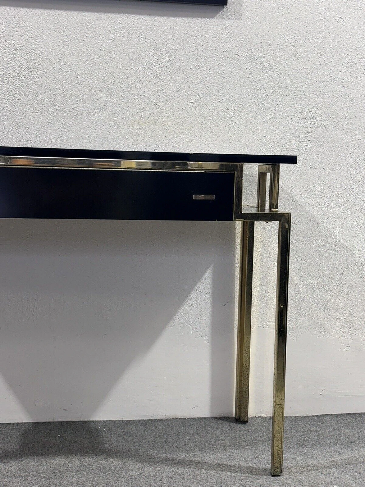 Gilded metal and black lacquered wood console and mirror, 1970s 10