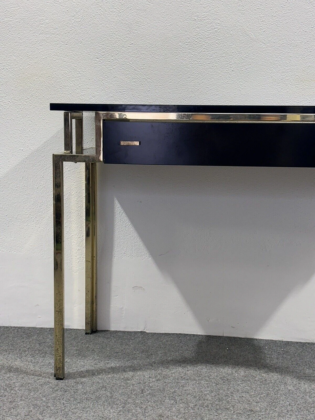 Gilded metal and black lacquered wood console and mirror, 1970s 11