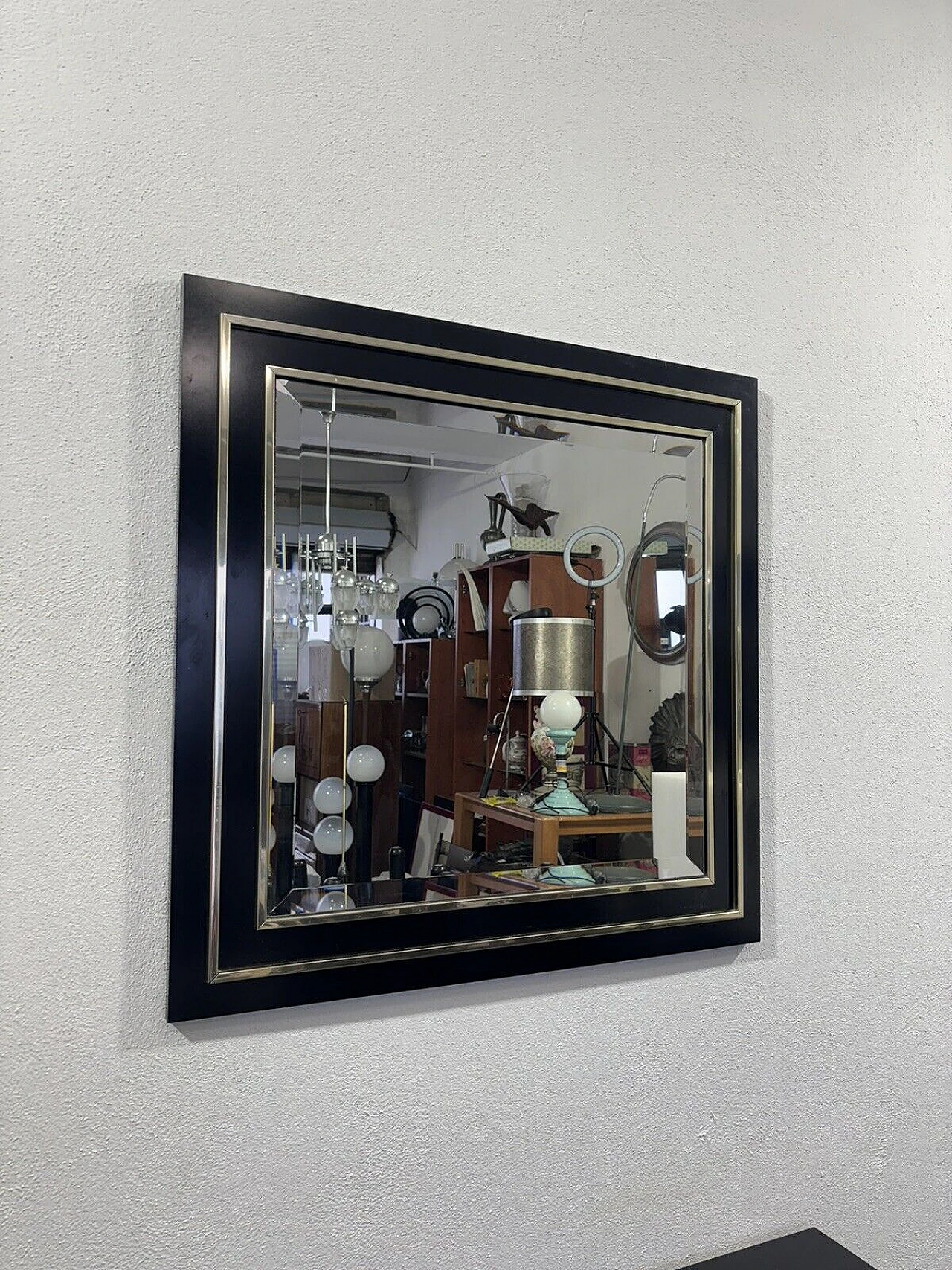 Gilded metal and black lacquered wood console and mirror, 1970s 12