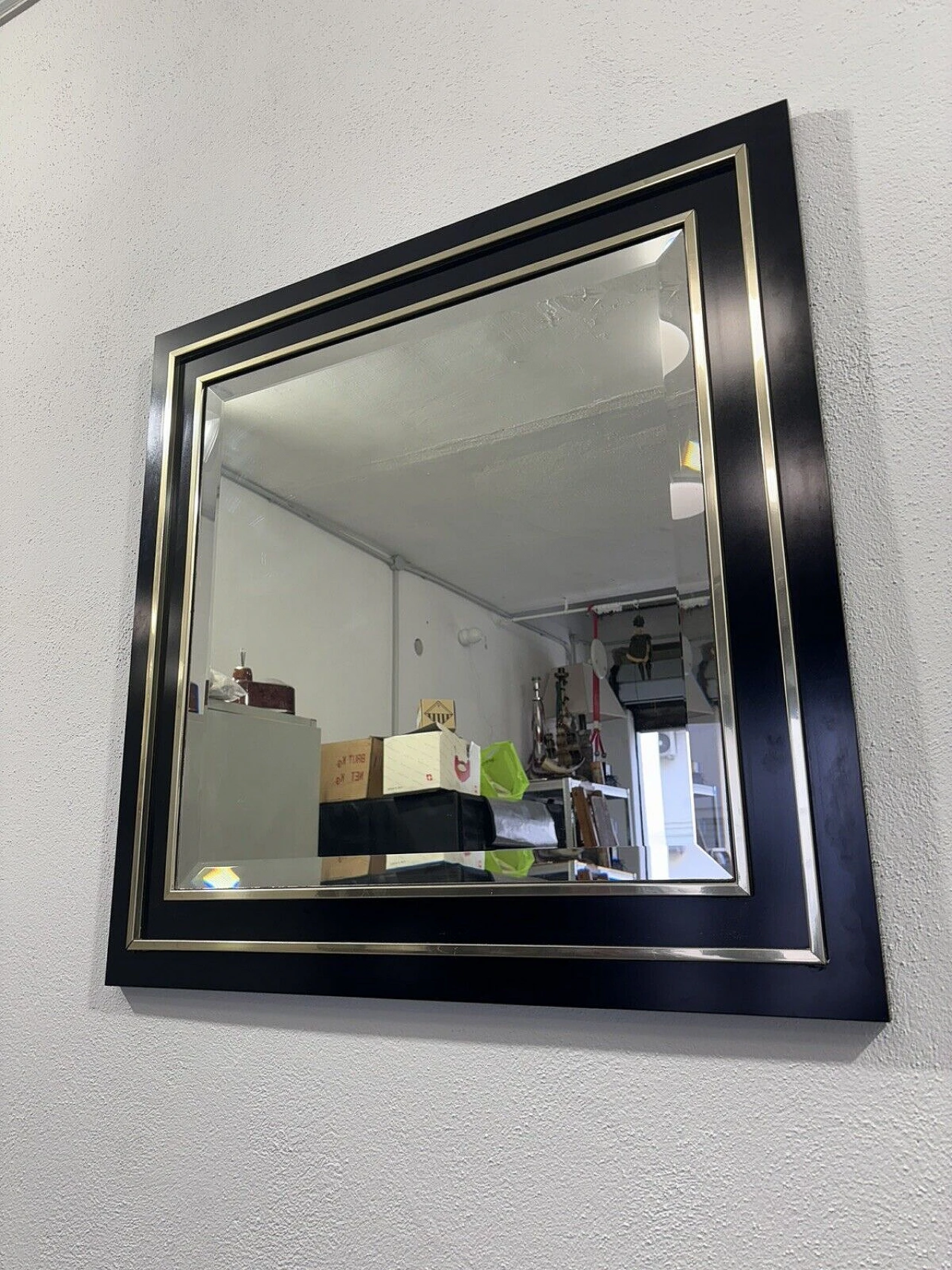 Gilded metal and black lacquered wood console and mirror, 1970s 13