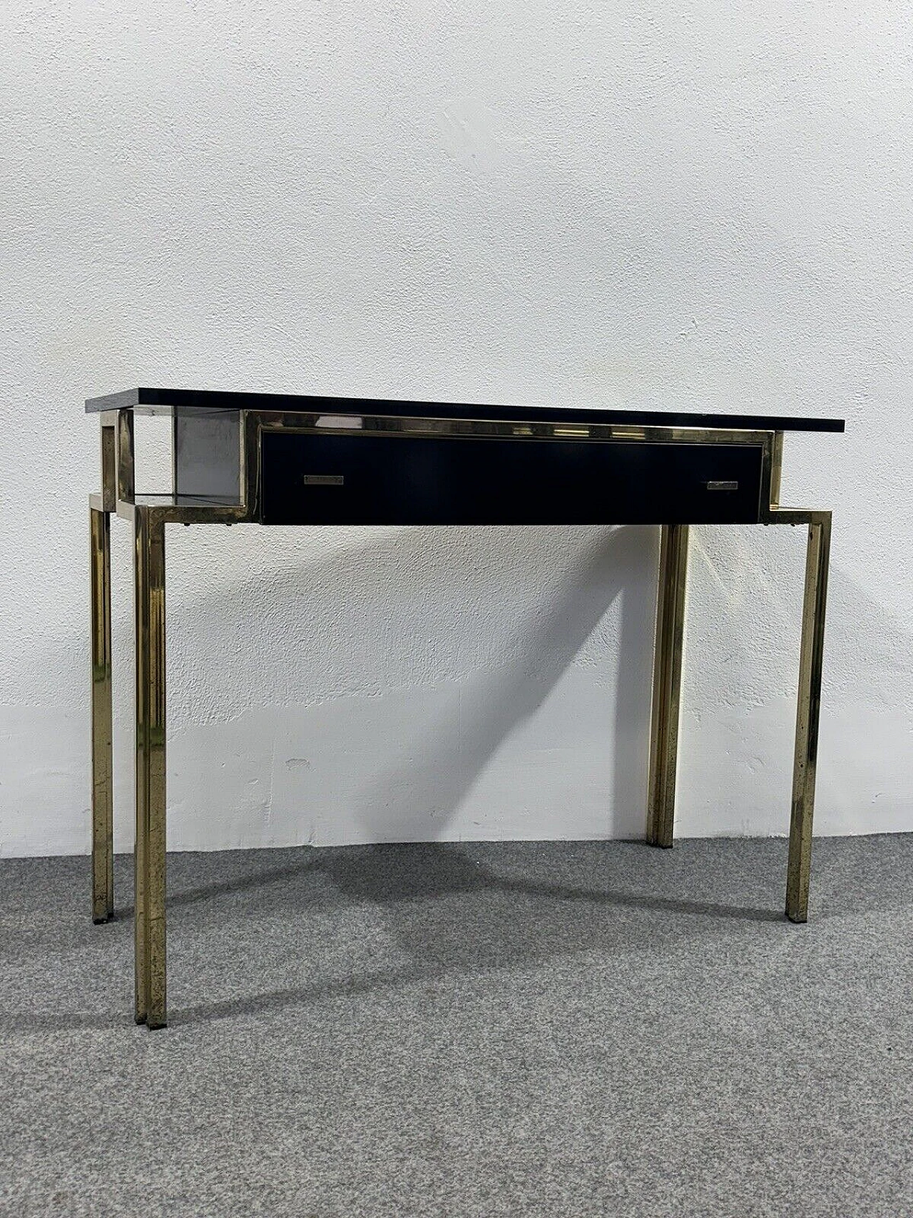 Gilded metal and black lacquered wood console and mirror, 1970s 14