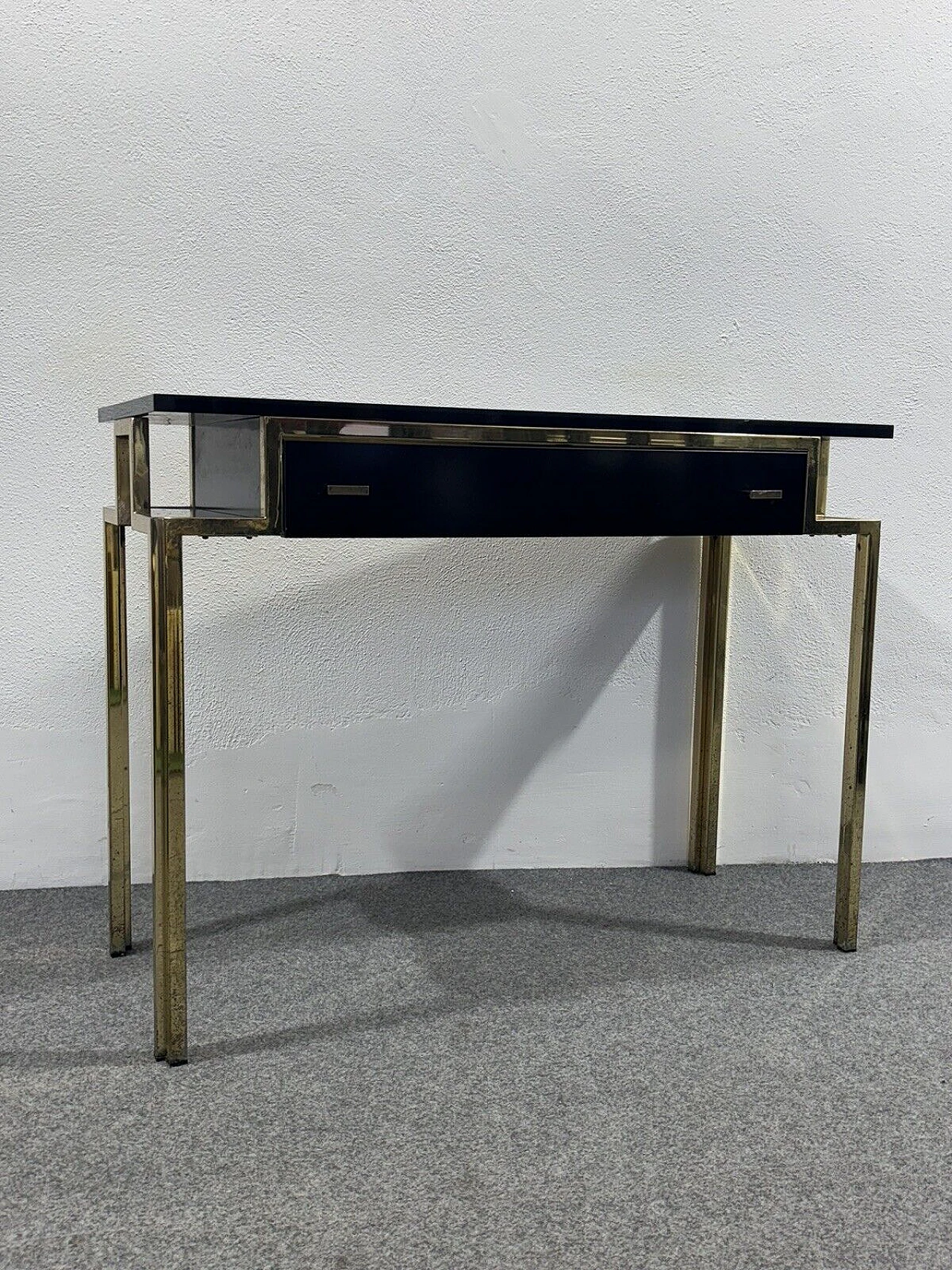 Gilded metal and black lacquered wood console and mirror, 1970s 15