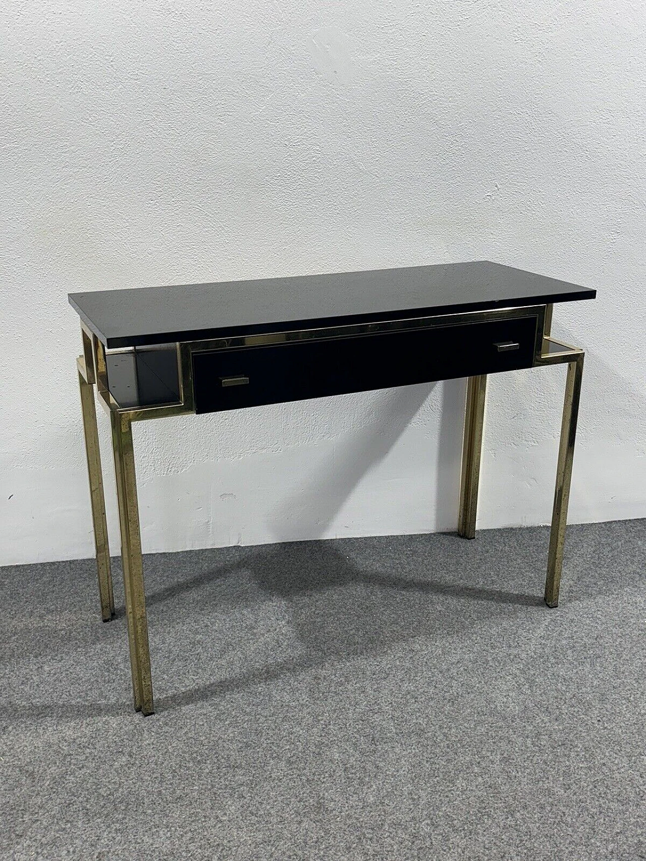 Gilded metal and black lacquered wood console and mirror, 1970s 16