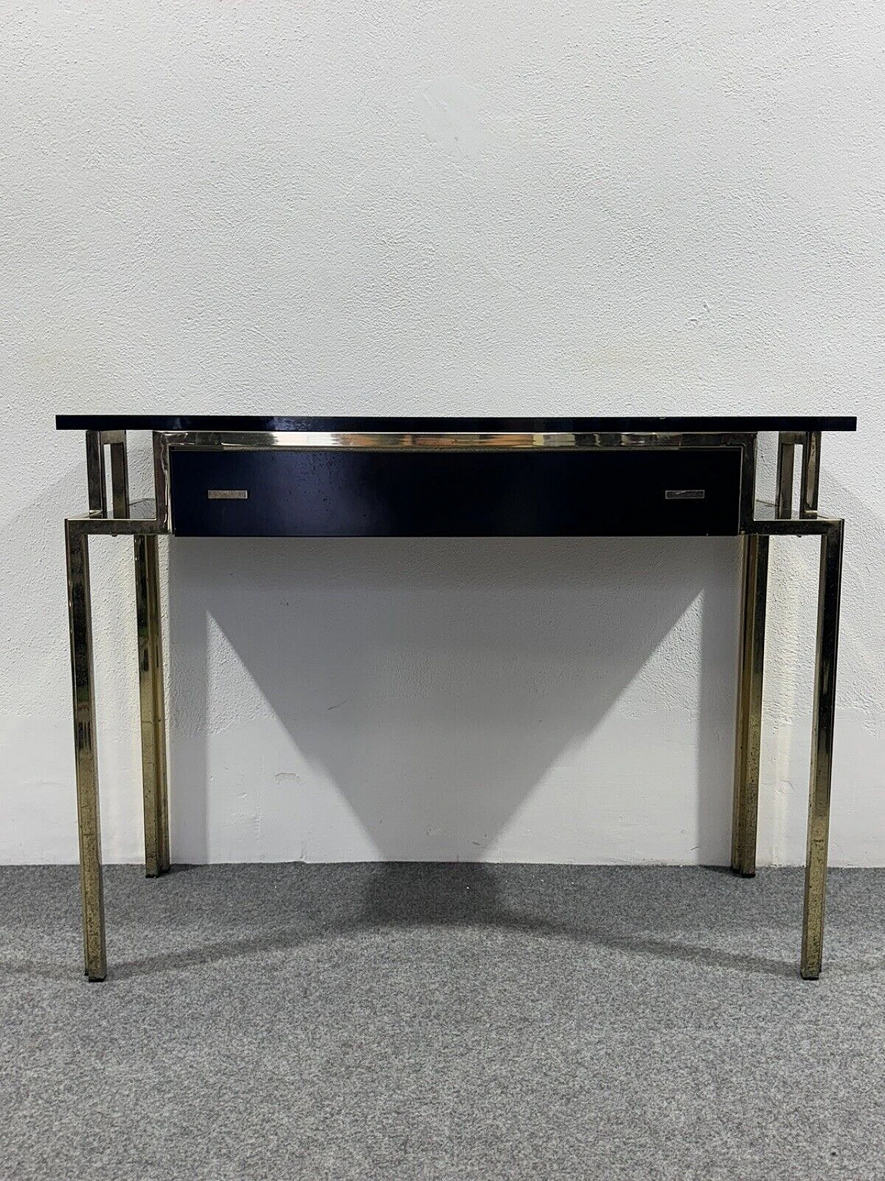 Gilded metal and black lacquered wood console and mirror, 1970s 17