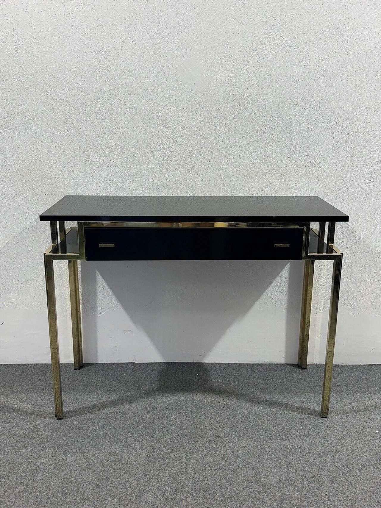 Gilded metal and black lacquered wood console and mirror, 1970s 19