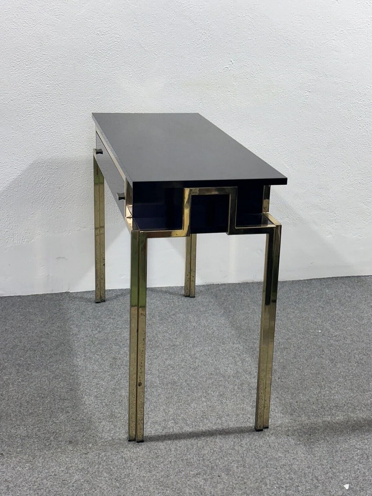 Gilded metal and black lacquered wood console and mirror, 1970s 24