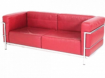 Red leather sofa in the LC3 style by Le Corbusier, 1980s