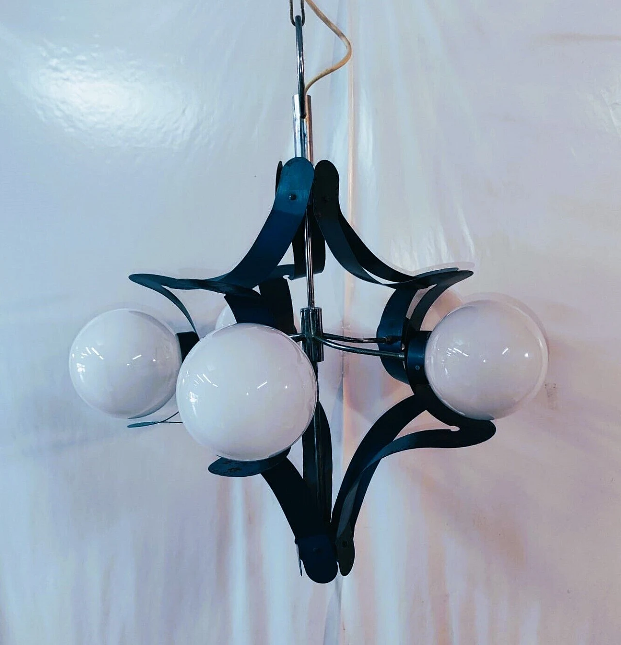 Blue lacquered metal chandelier attributed to Stilnovo, 1950s 3